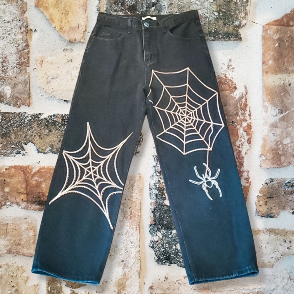 Kenvibe Spider Web High Rise Wide Leg Black Jeans Super Rare 90's